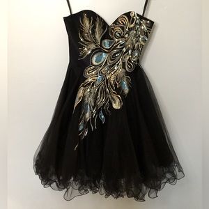 Formal dress, Black strapless short cocktail dress with beads and sequins.